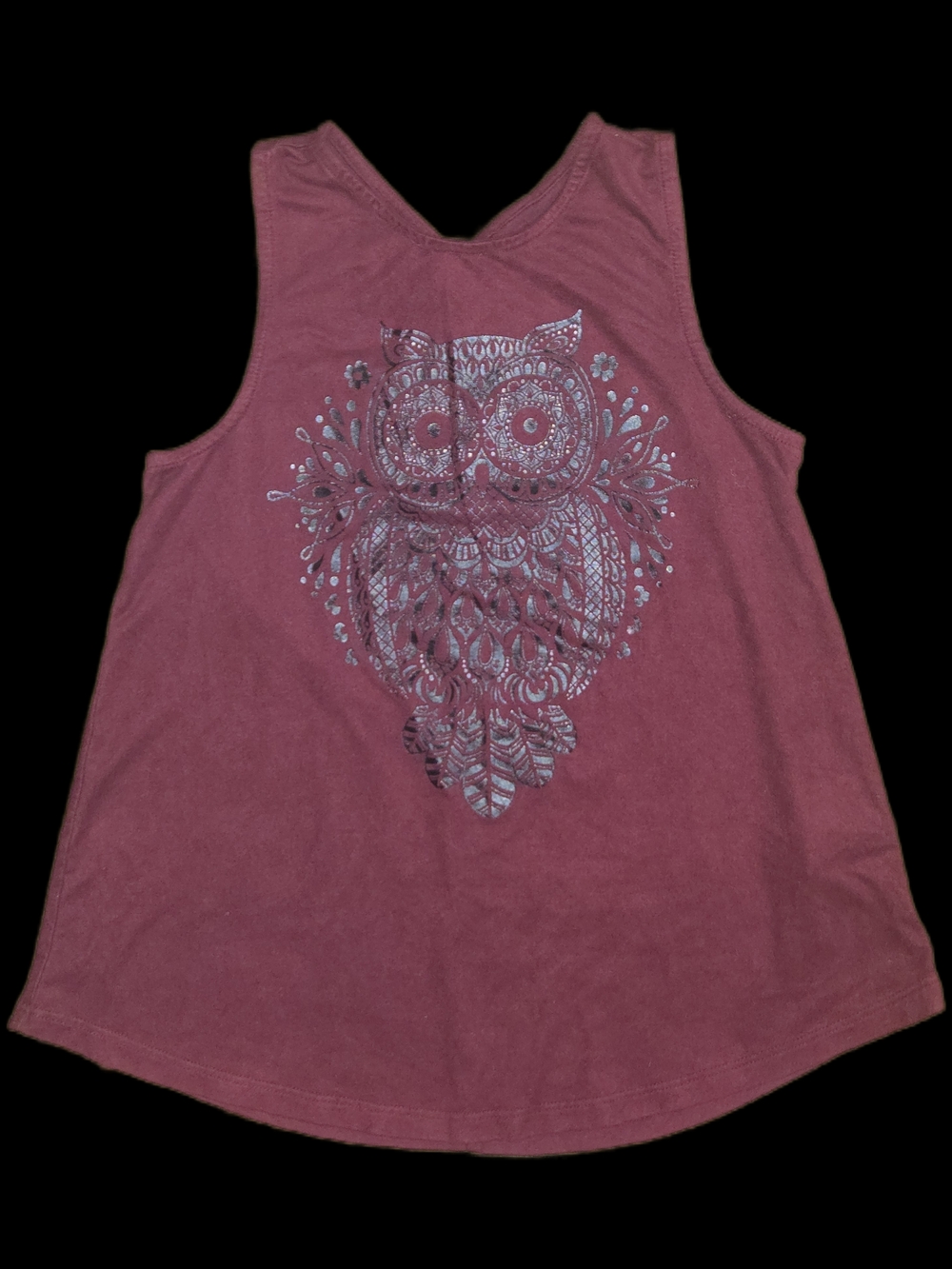 Size 6 Justice Maroon Tank Top with Silver Owl Graphic